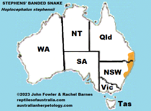 Approximate distribution of the Stephens' Banded Snake Hoplocephalus stephensii